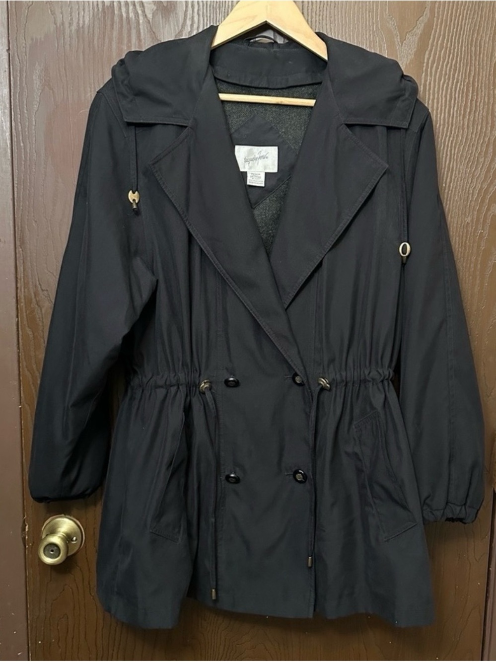 VTG Jacqueline Ferrar Black Hooded Parka Jacket Drawstring Waist Double Breasted